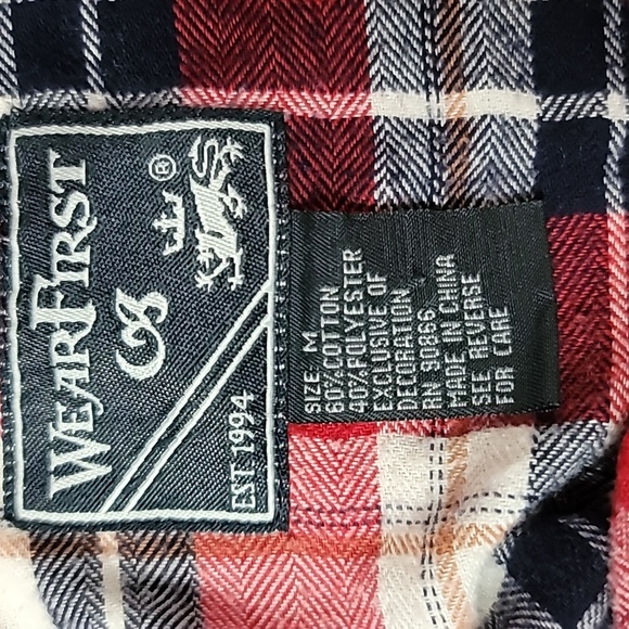 WEAR FIRST Men's Medium Button Up Pearl Button Up Red Flannel Plaid Casual Shirt - Picture 9 of 10